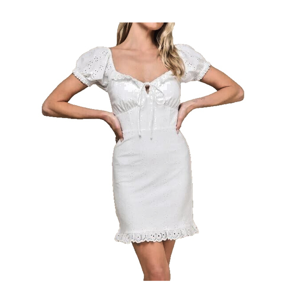 Lulus Women's Sweet Impact White Eyelet Embroidered Puff Sleeve Mini Dress NWT